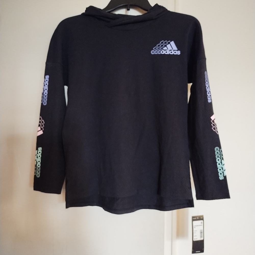 Adidas Girls Black Long Sleeve Hoodie Graphic Shirt Size L (14) NWT